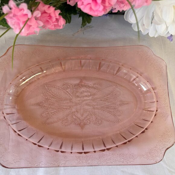 Vintage Pink Jeannette Glass Floral Poinsettia Depression Glass Platter – Elegan - Picture 4 of 4